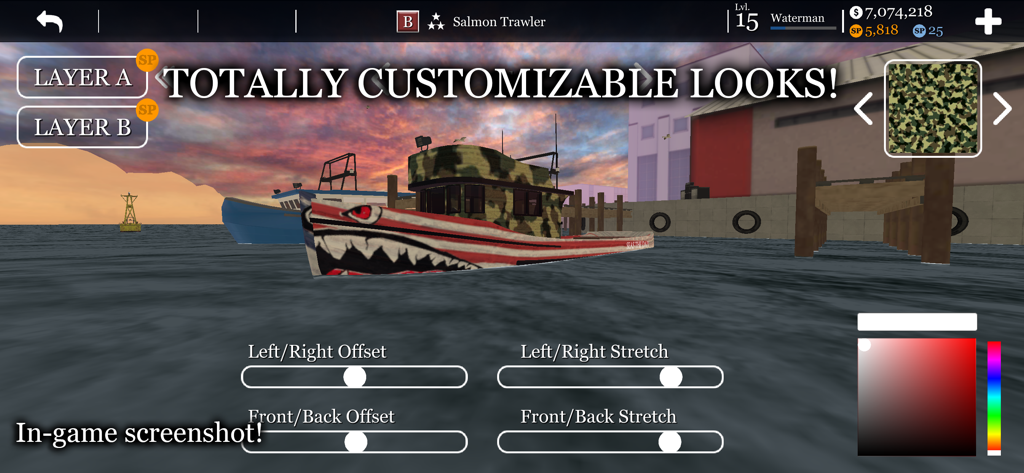 Boat customization screen in uCaptain Fishing Boat Game showing shark and camo livery options