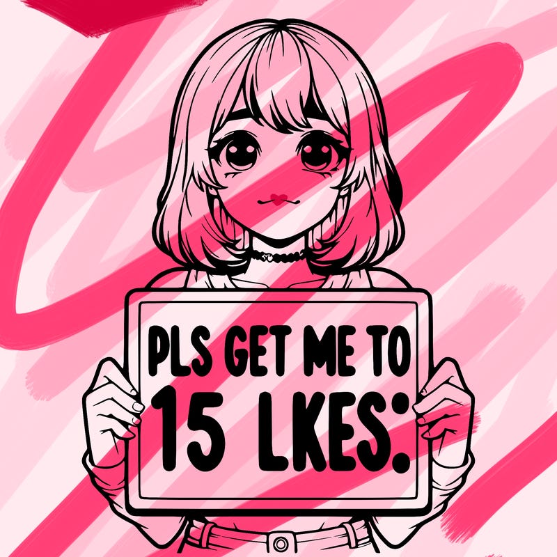 realistic girl holding up a sign that says “pls get me to 15 likes!”