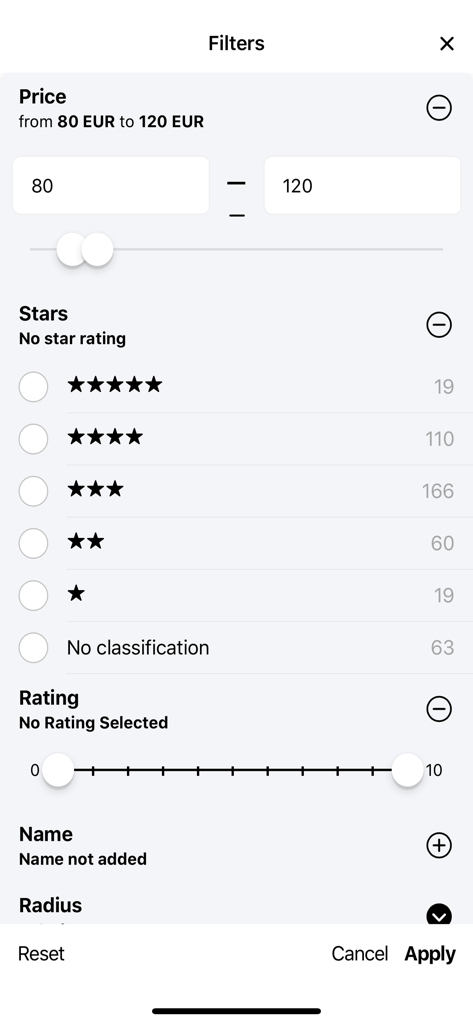 ehotel® hotel booking platform - Search filters for price stars and ratings on the ehotel hotel booking app