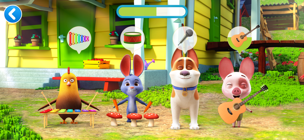 LooLoo Kids World For Toddlers - Pollo, conejo, perro y cerdo de dibujos animados tocando instrumentos musicales frente a una casa colorida.