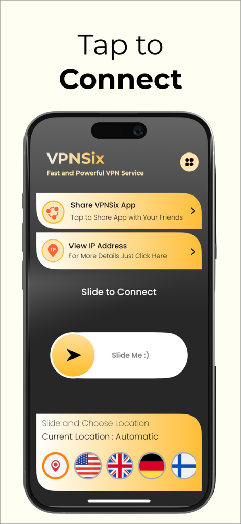 VPNSix - Optimized and Fast - Panel de la aplicación VPNSix con la función de deslizar para conectar y la selección del país del servidor
