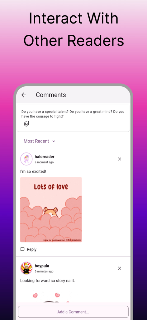 Uma captura de tela da seção de comentários do aplicativo Haloreads mostrando leitores interagindo e compartilhando entusiasmo por histórias filipinas