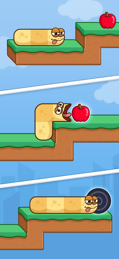 Snake Puzzle: Slither Master - A cartoon snake navigating platforms to eat a red apple and reach the exit hole in a logic puzzle game