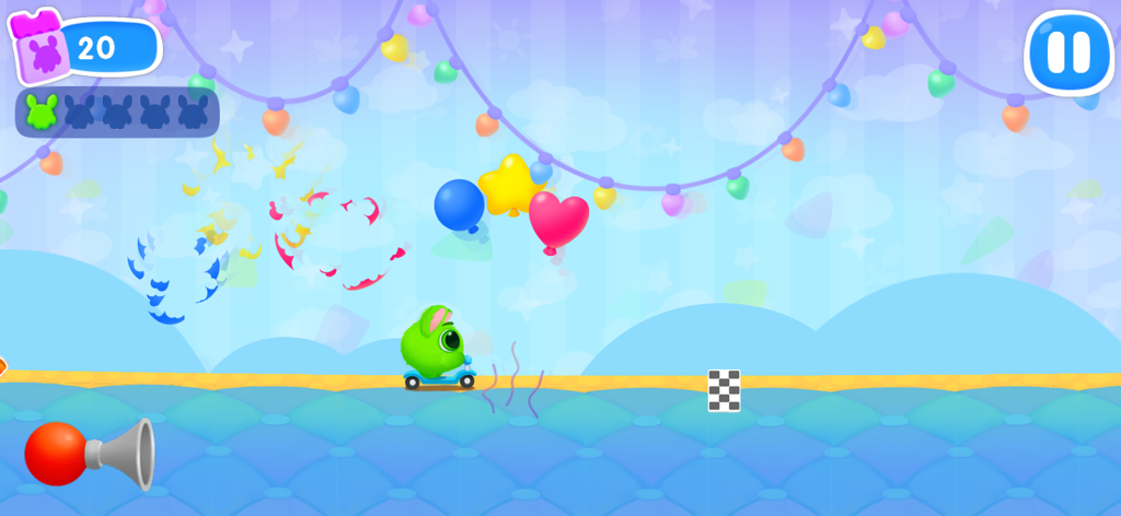 A small green fluffy pet riding a blue scooter in a colorful virtual world with balloons and a finish line.