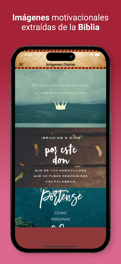 La Biblia Católica - La Biblia Catolica app interface displaying daily motivational images with Spanish biblical verses