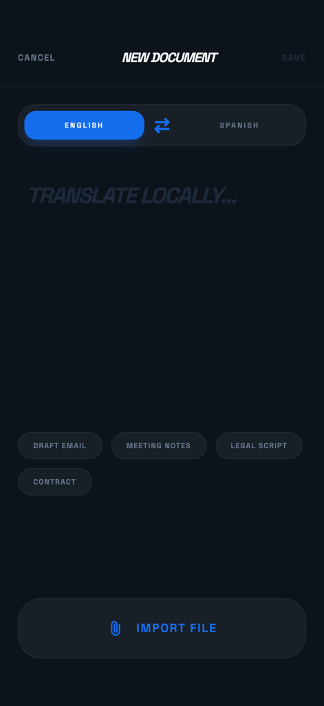 Interfaz de la aplicación AI Translator para la traducción de documentos profesionales, mostrando opciones de traducción sin conexión e importación de archivos.