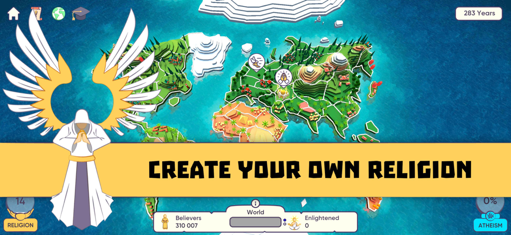 Religion inc. God Simulator - Screenshot of Religion inc. God Simulator showing a world map and the banner Create Your Own Religion.