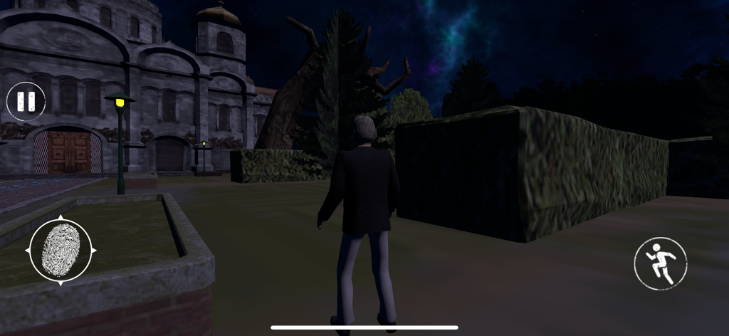 Scary horror survival games - Vista del juego en tercera persona de un personaje parado fuera de una mansión embrujada por la noche.