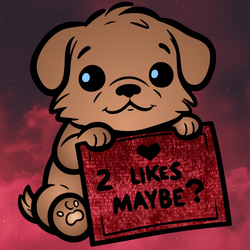 a puppy holding a sign that says 2 likes maybe?