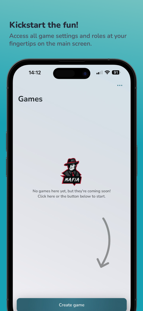 Mafia - Role game - Hauptoberfläche der Mafia-Rollenspiel-App für Spielleiter mit der Schaltfläche Spiel erstellen