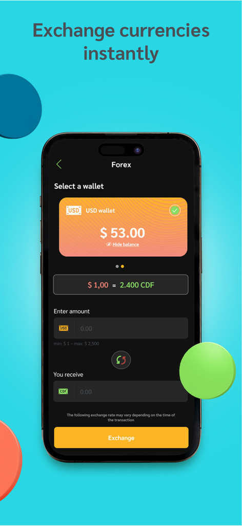 illicocash - illicocash app interface showing USD to Congolese Franc currency exchange with real-time rates