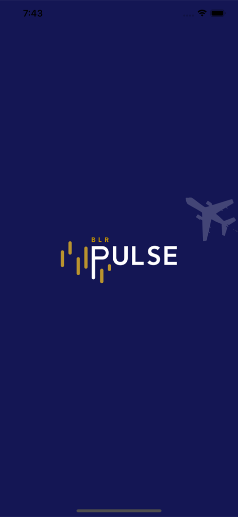 BLR Airport - Splash screen for the BLR Pulse app featuring the airport logo and an airplane silhouette