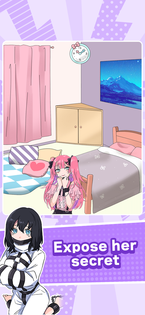 Tricky Mean - Brain puzzle - Una pantalla de juego de rompecabezas que muestra una escena de dormitorio y una chica de anime con el texto 'expón su secreto'.