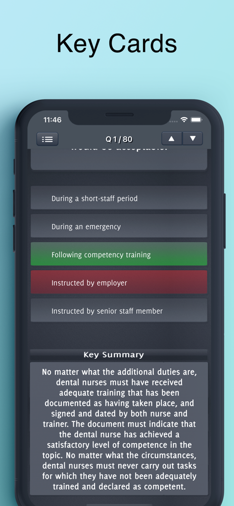 Screenshot dell'interfaccia dell'app Dental Nurse Revision Exam che mostra una domanda a scelta multipla e un riepilogo dettagliato della chiave di risposta
