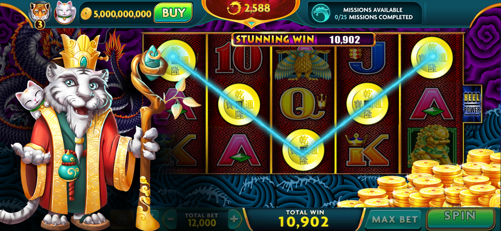 Mighty Fu Casino: Slots Game - Juego de Mighty Fu Casino con una máquina tragamonedas de temática asiática con una mascota de tigre blanco y un resultado de giro ganador
