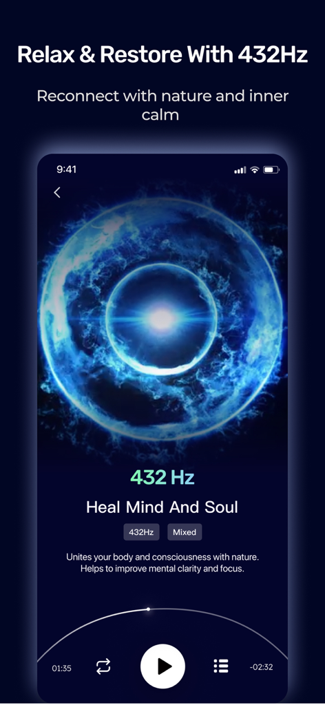 Frequency: Healing Sounds - Smartphone interface of Frequency Healing Sounds app playing a 432Hz track with a glowing blue circular visual for mental clarity