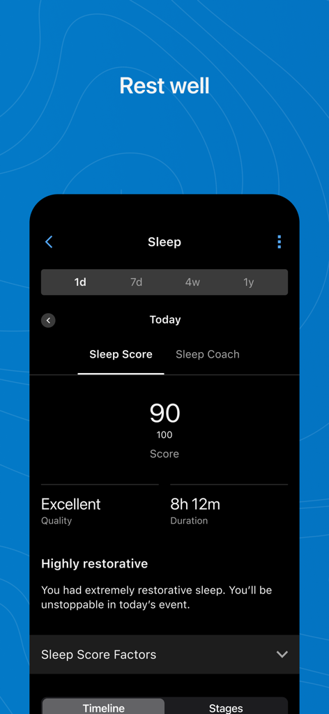 Capture d'écran de l'application Garmin Connect affichant un score de sommeil de 90 avec des mesures détaillées de la durée et de la qualité.