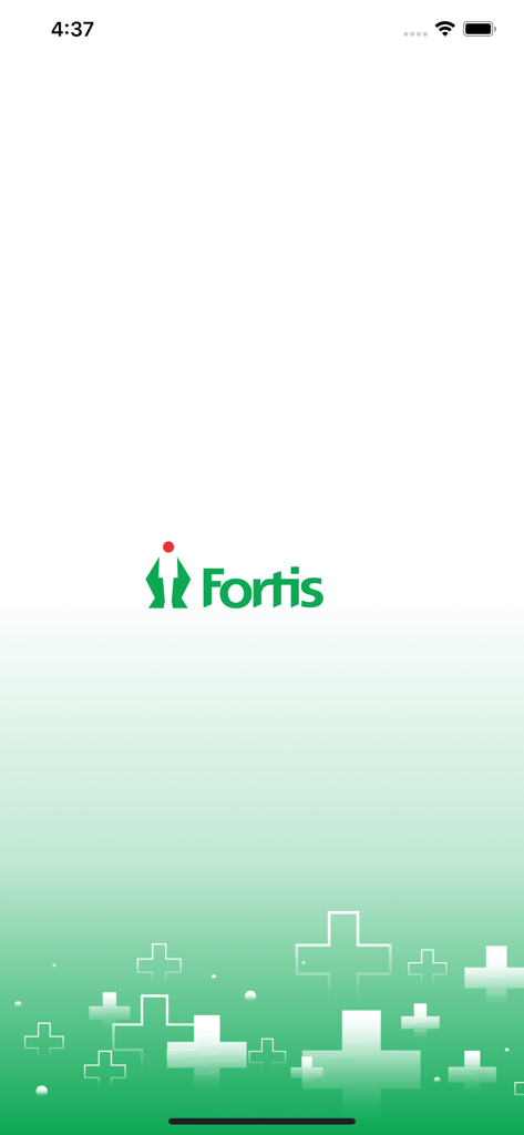 Splash screen of the myFortis medical app featuring the Fortis logo and green medical cross symbols