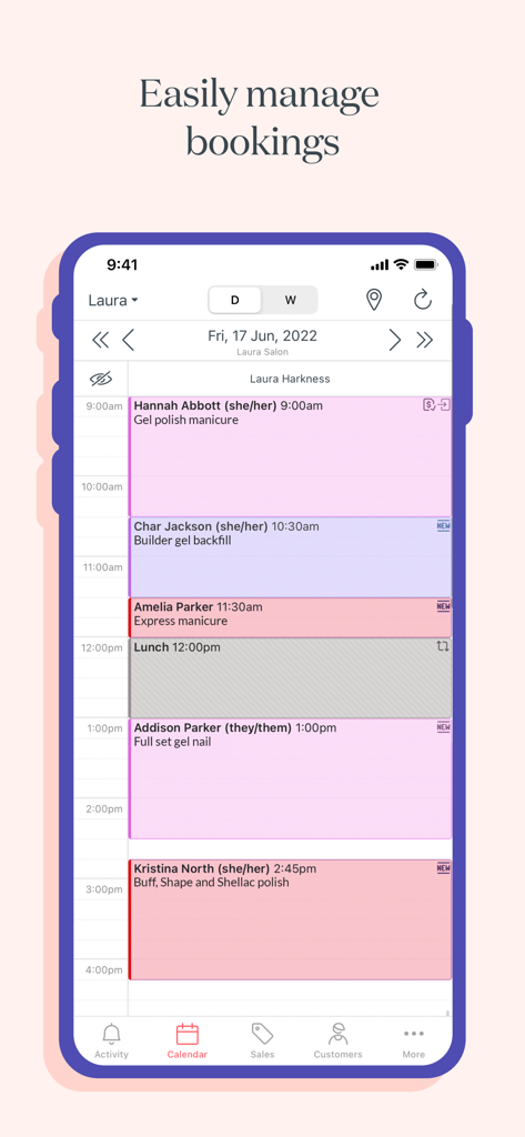 Timely – Bookings & payments - Daily appointment calendar for beauty professionals in the Timely app interface.