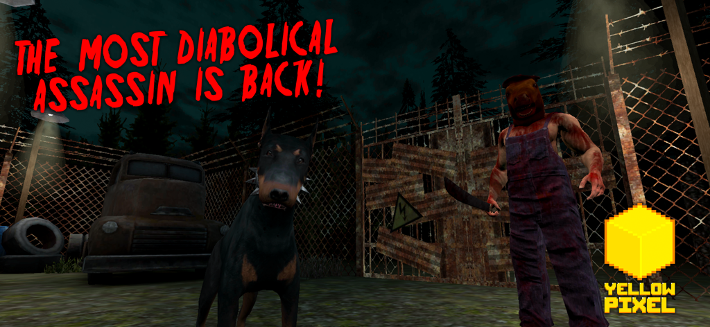 HeadHorse: Horror Game - HeadHorse character with a horse head and machete standing next to a Doberman dog in a dark yard.