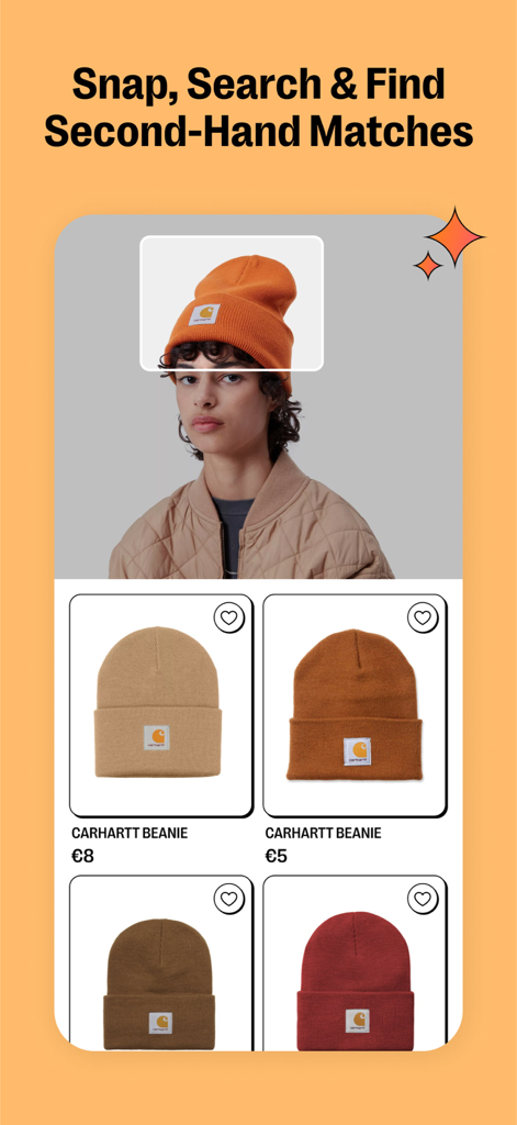 Faircado app interface showing a visual search for an orange beanie with secondhand shopping results