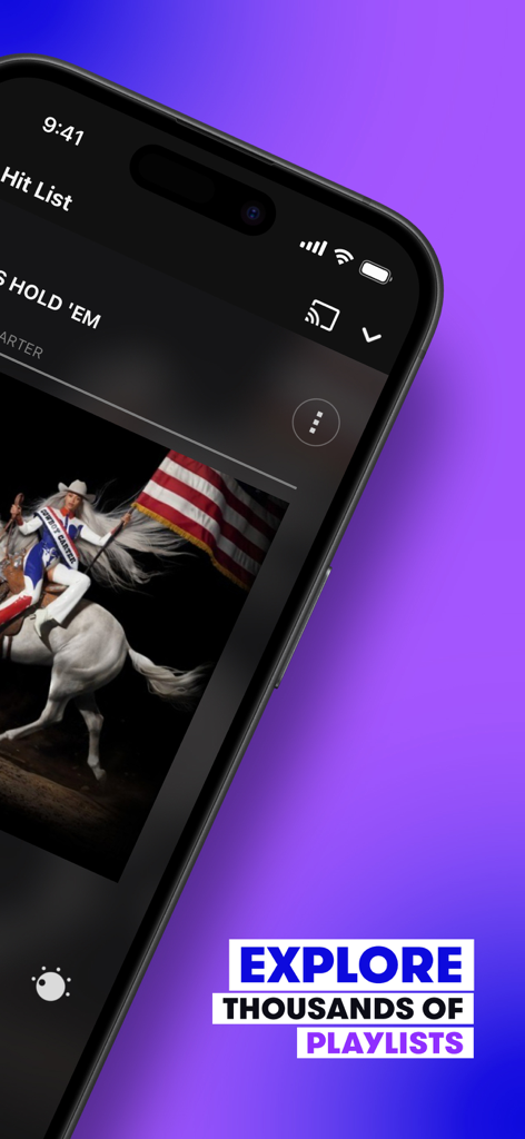 Stingray Music: 100s of DJs - Interface de l'application Stingray Music montrant un lecteur de musique et une invitation à explorer des milliers de playlists organisées.