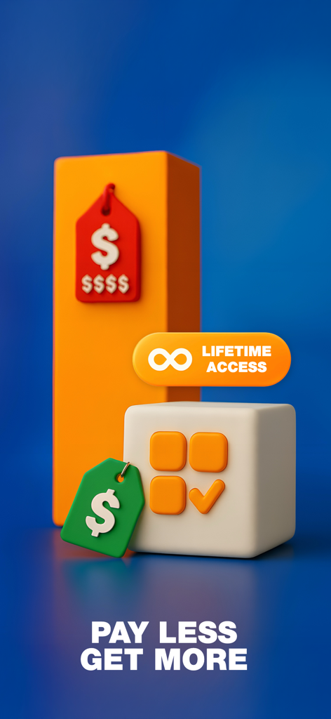 HabitGlass: Habit Tracker - 3D graphic comparing high costs versus HabitGlass affordable lifetime access with pay less get more text