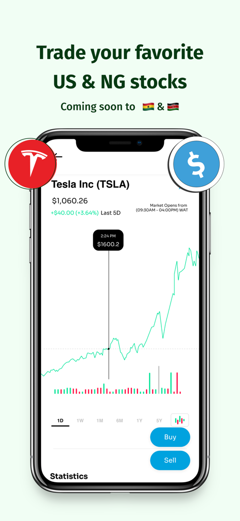 Chaka- Invest & Trade Globally - Smartphone app screen showing a Tesla stock chart with options to buy and sell US and Nigerian stocks.