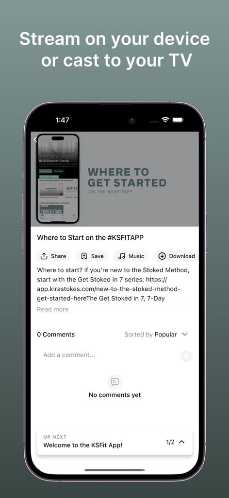 KIRA STOKES FIT - iPhone screen showing the Kira Stokes Fit app interface with text about streaming to devices or casting to a TV