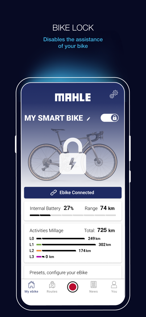 My SmartBike - MAHLE My SmartBike app dashboard displaying a bike lock security feature to disable e-bike assistance