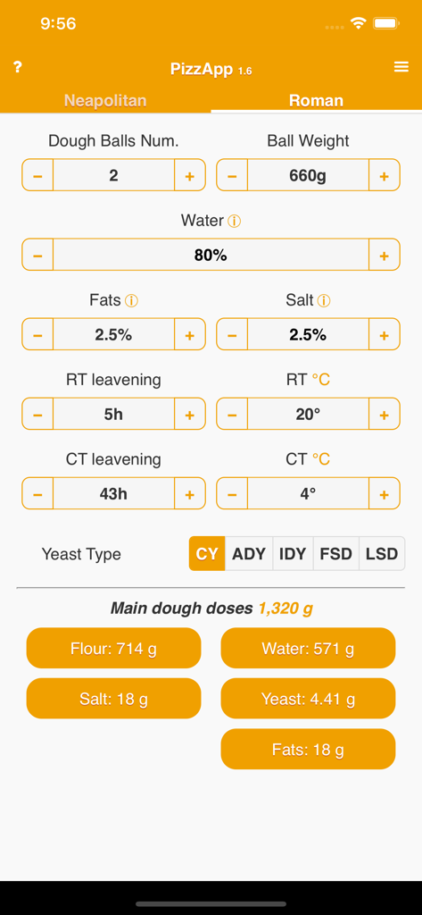 PizzApp+ - Screen showing precise ingredient measurements for Roman style pizza dough.