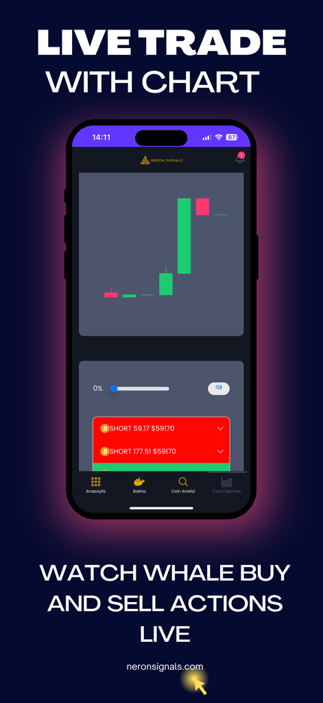 Neron Signals mobile app showing a live crypto trading chart and whale buy and sell alerts.