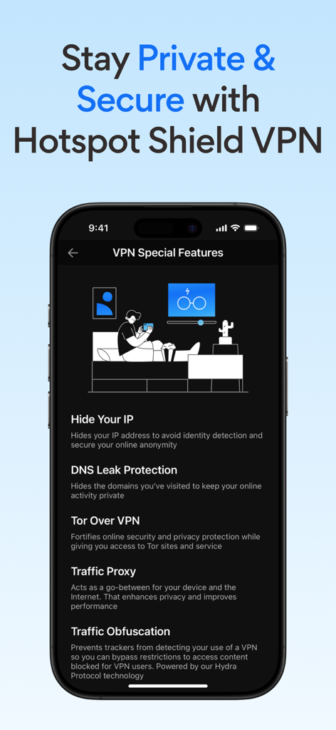 Tela de recursos especiais do Hotspot Shield VPN mostrando ocultação de IP e proteção contra vazamento de DNS
