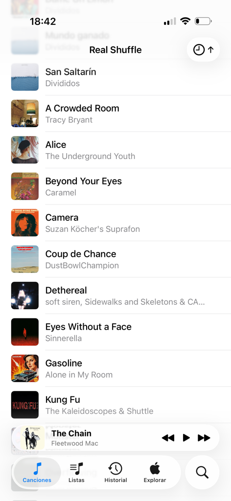 Real Shuffle Music - Real Shuffle Music app showing a list of songs in the music library and playback controls.
