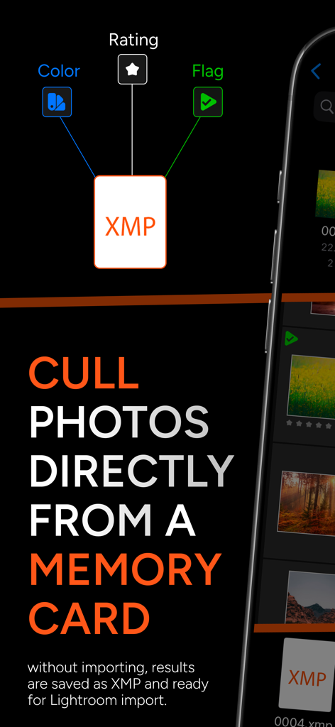 AI Culling — PhotoPicker Pro - Interfaz de la aplicación PhotoPicker Pro que muestra el descarte de fotos directamente desde una tarjeta de memoria con soporte para archivos sidecar XMP para Lightroom