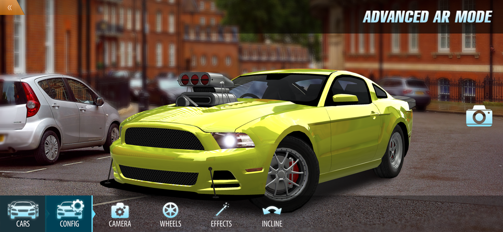 Drag Battle: Race Car Games 3D - A green custom muscle car with a large supercharger displayed in the Advanced AR Mode of Drag Battle