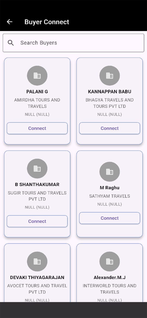 TTJ TRAVMART MARKETPLACE - Buyer Connect interface displaying a directory of travel agency profiles with contact options