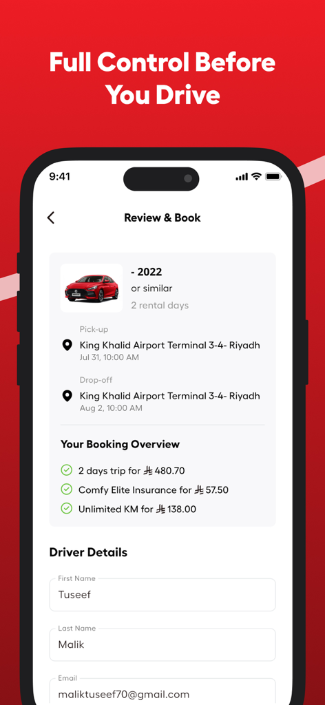 Comfy - كومفي - A mobile app interface displaying a car rental booking summary and driver details form.