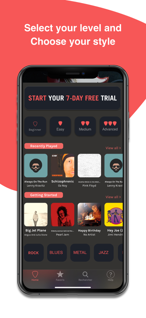 Play Guitar Hits - Home screen of Play Guitar Hits app displaying guitar difficulty levels and music style options