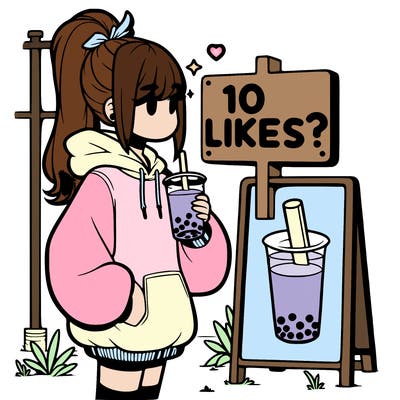 girl with oversized hoodie drinking boba and she has a high ponytail with a sign that says 10likes?