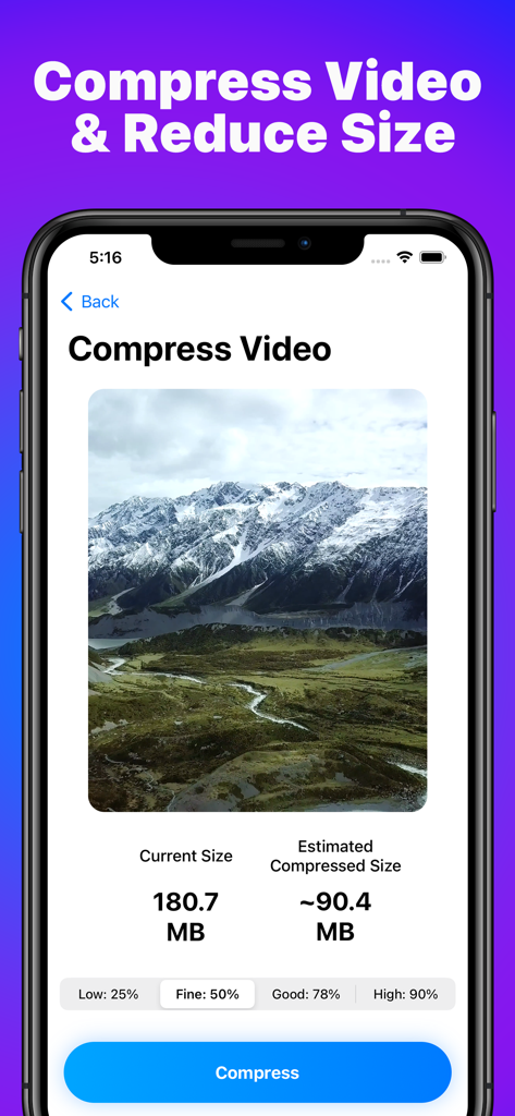 Phone Cleaner for iPhone, iPad - Pantalla de smartphone mostrando la función de compresión de video de la aplicación Phone Cleaner para reducir el tamaño del archivo