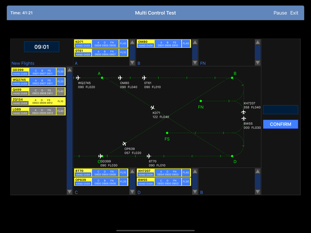 SkyTest Air Traffic Controller Multi Control Test interface with radar simulation and flight strips