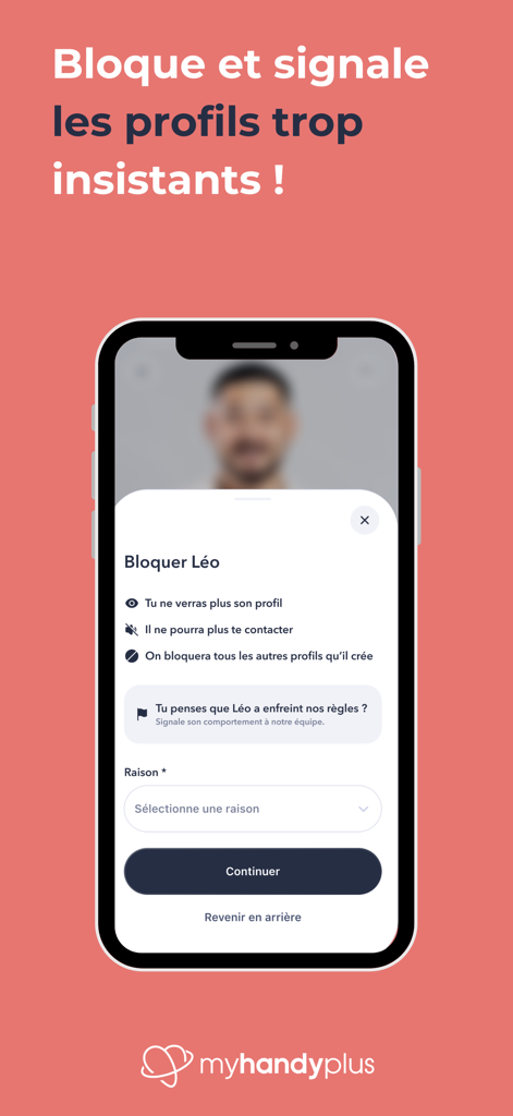 MyHandyPlus - Interface of the MyHandyPlus app showing options to block and report a profile to ensure a safe and respectful environment.
