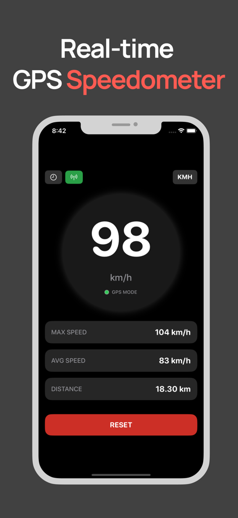 Interfaz de velocímetro GPS que muestra la velocidad actual y las estadísticas del viaje