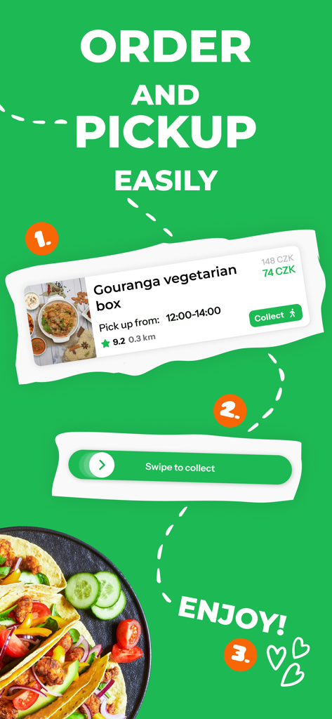 Nesnězeno: Save tasty food! - Una infografía que muestra los tres pasos para pedir y recoger comida con descuento usando la aplicación Nesnezeno