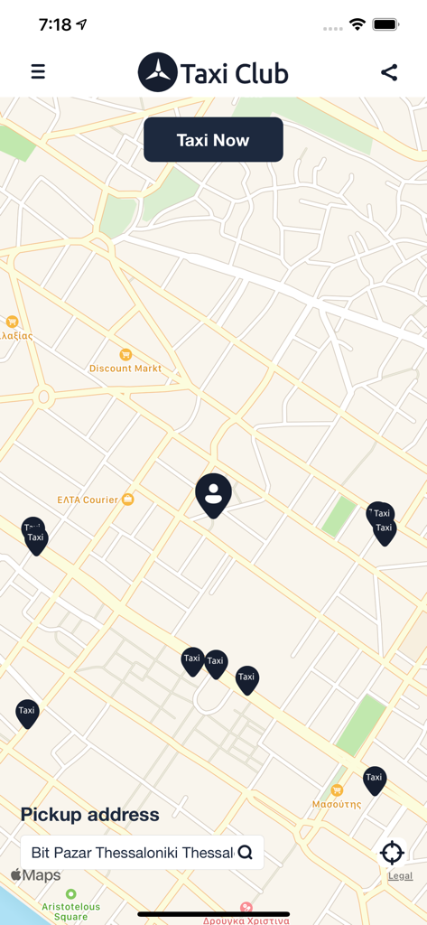 TaxiClub - 테살로니키 지도와 이용 가능한 택시, 픽업 주소 필드가 표시된 택시클럽 앱 인터페이스