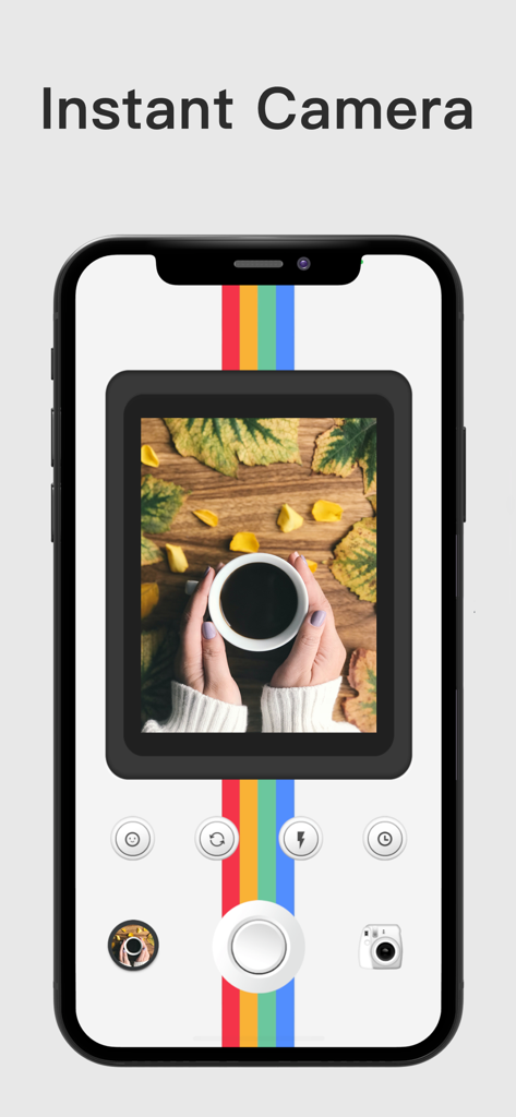 CCD CAM app mostrando una interfaz de cámara instantánea retro con una foto de una taza de café