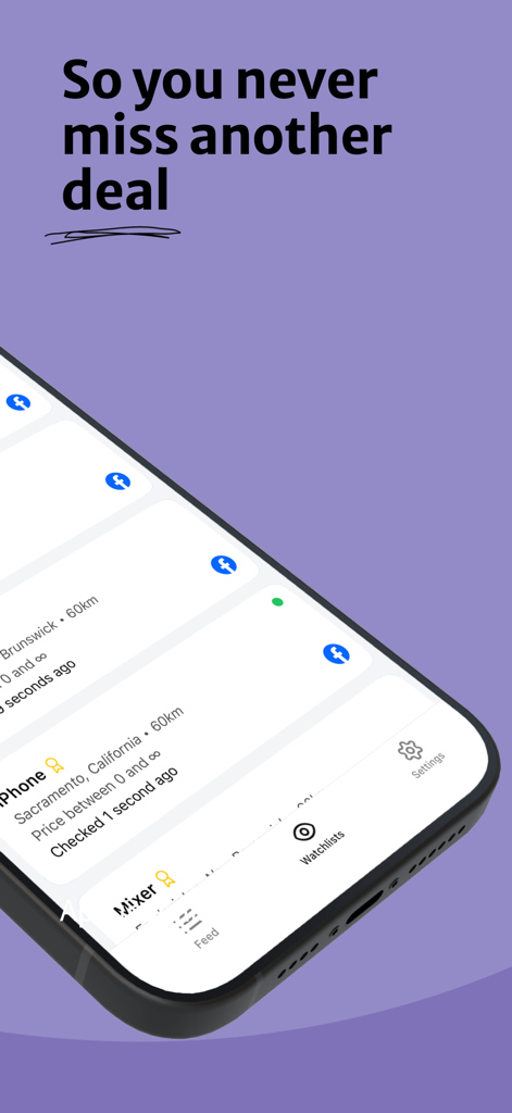 Smartphone montrant l'interface de l'application Flipify avec des alertes d'offres du marché et des mises à jour de statut en temps réel.
