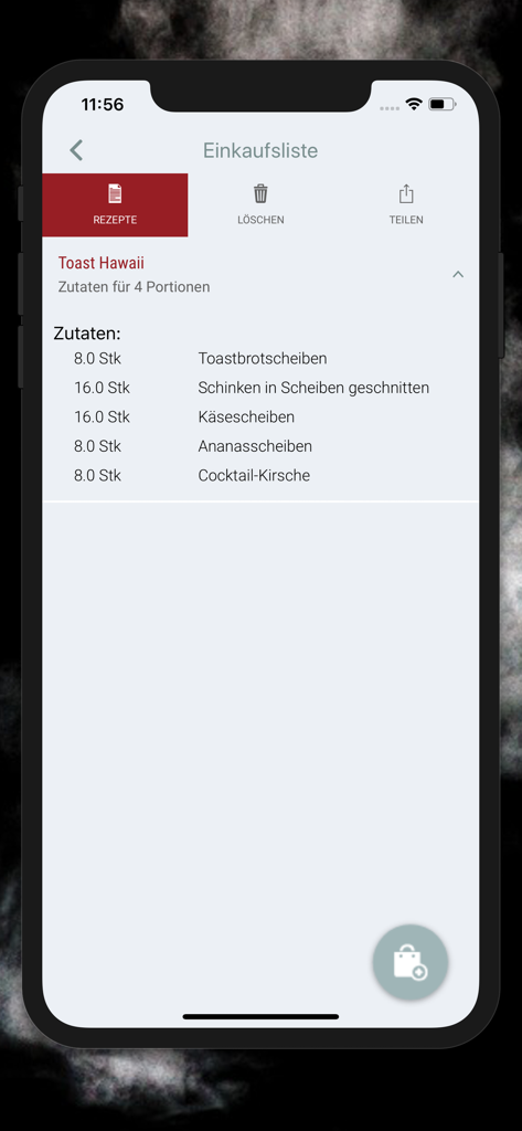 Dampfguide app shopping list with ingredients for a steam oven recipe
