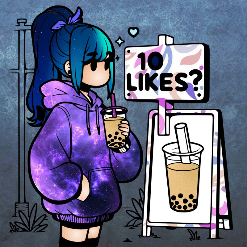 girl with oversized hoodie drinking boba and she has a high ponytail with a sign that says 10likes?